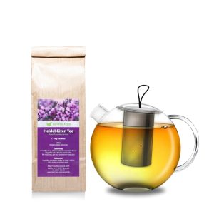 Glas Teekanne 1L mit Metall-Sieb + Heideblüten Tee I Set