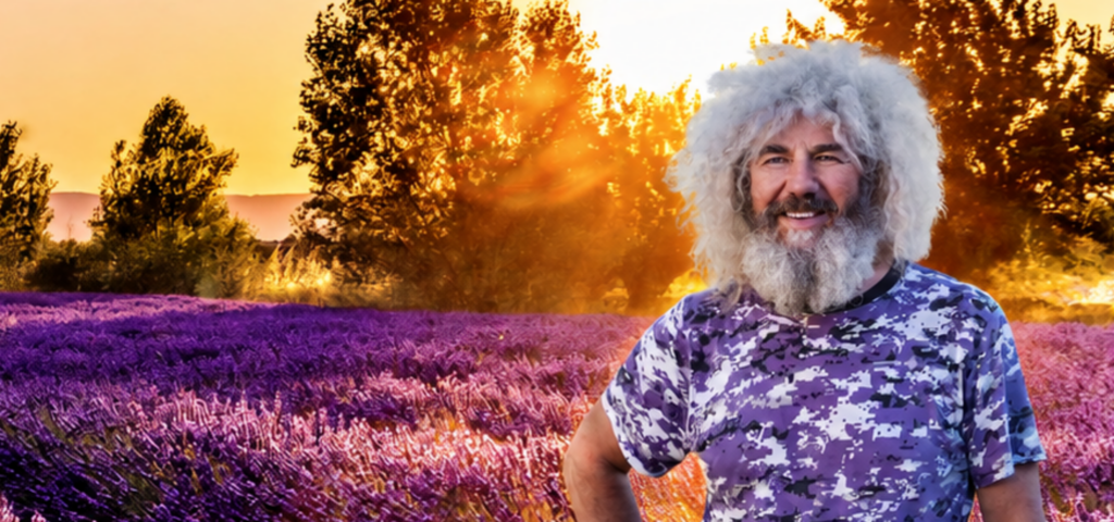 Robert Franz in einem Lavendelfeld bei Sonnenuntergang mit violettem T-Shirt